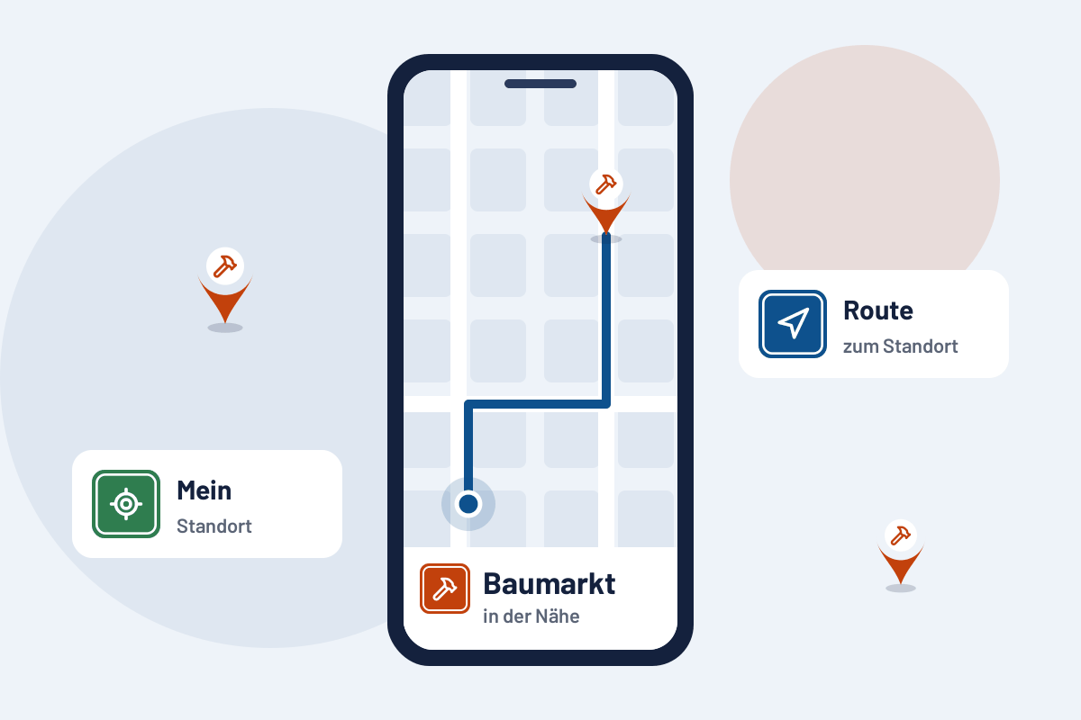 Baumarkt in der Nähe: Route zur nächsten Adresse auf dem Handy