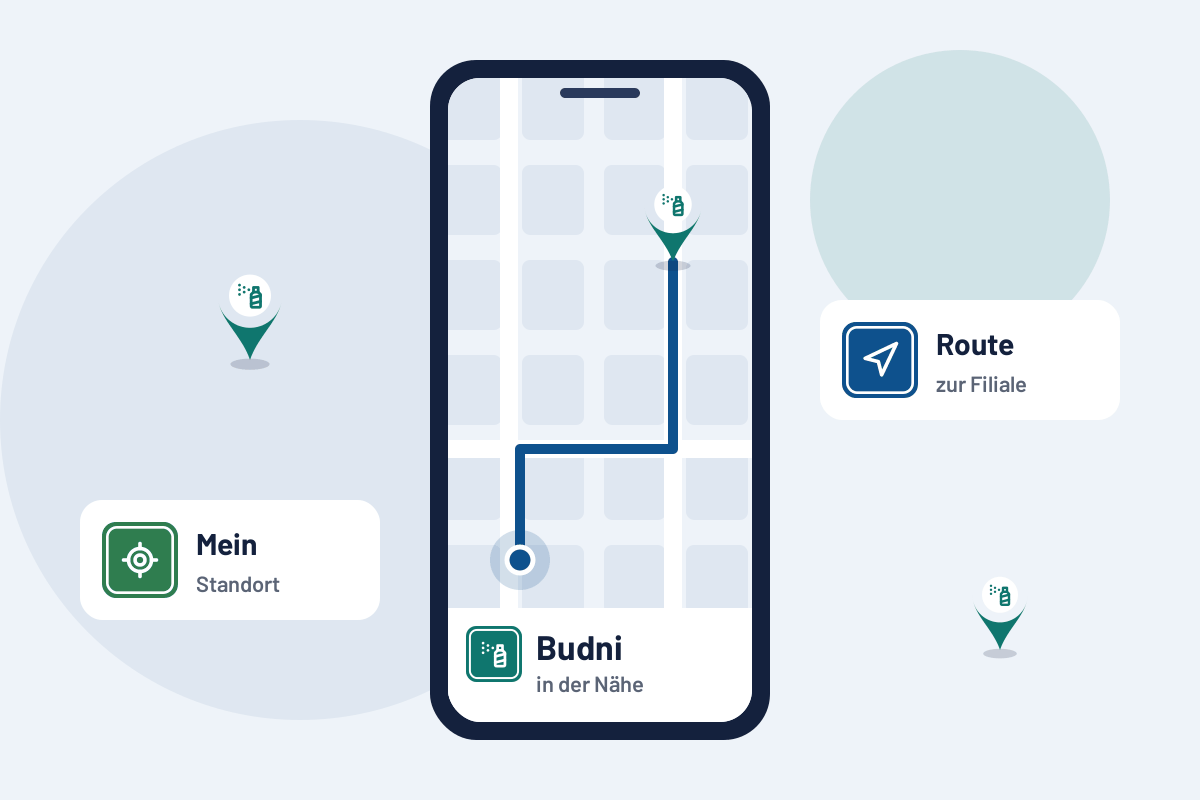 Budni in der Nähe: Route zur nächsten Filiale auf dem Handy