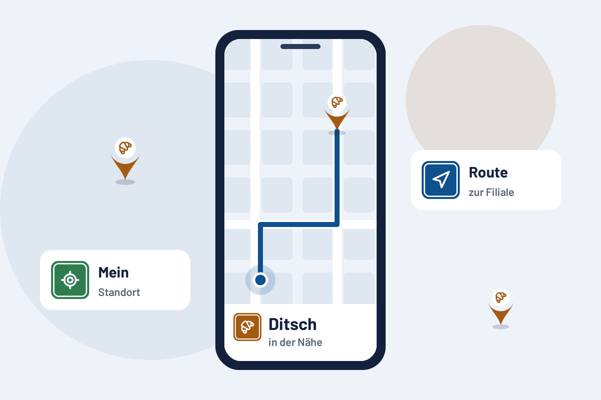 Ditsch in der Nähe: Route zur nächsten Filiale auf dem Handy