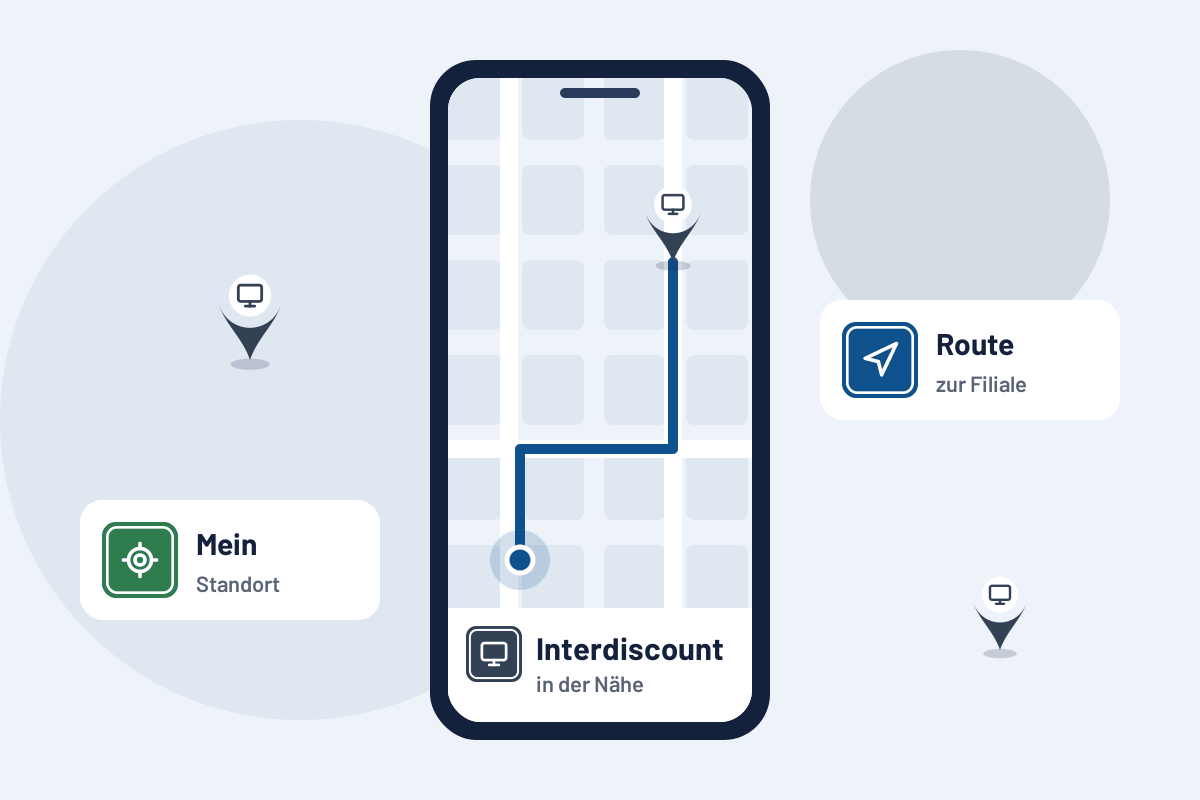 Interdiscount in der Nähe: Route zur nächsten Filiale auf dem Handy