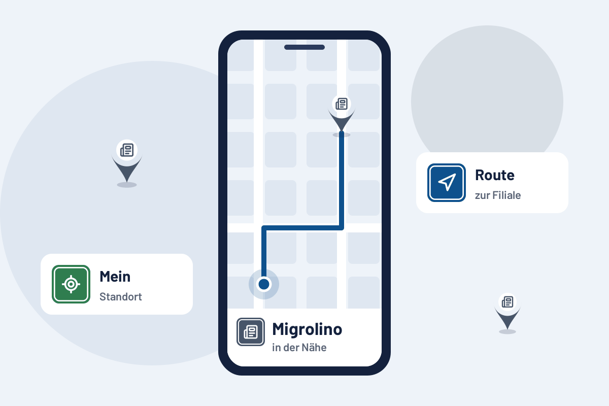 Migrolino in der Nähe: Route zur nächsten Filiale auf dem Handy