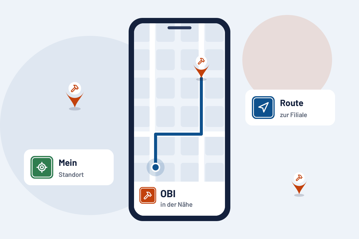 OBI in der Nähe: Route zur nächsten Filiale auf dem Handy