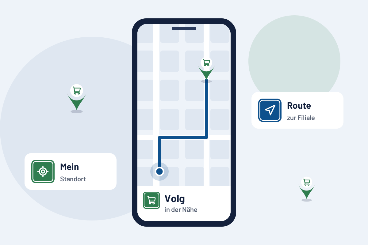 Volg in der Nähe: Route zur nächsten Filiale auf dem Handy