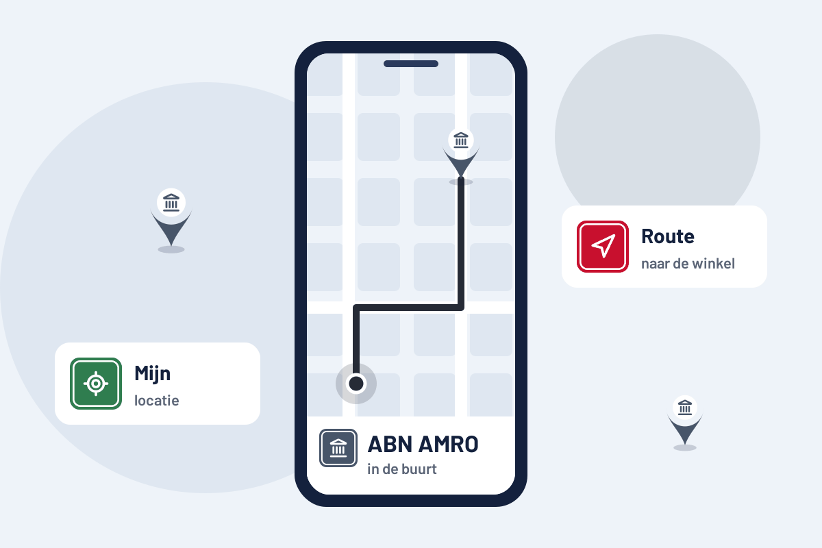 ABN AMRO in de buurt: route naar het dichtstbijzijnde ABN AMRO-kantoor op uw telefoon