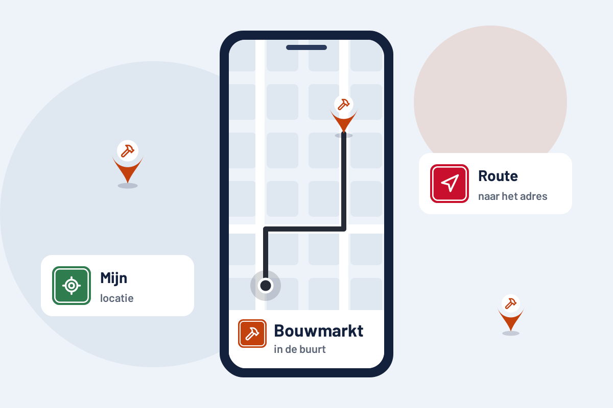 Bouwmarkt in de buurt: route naar de dichtstbijzijnde bouwmarkt op uw telefoon