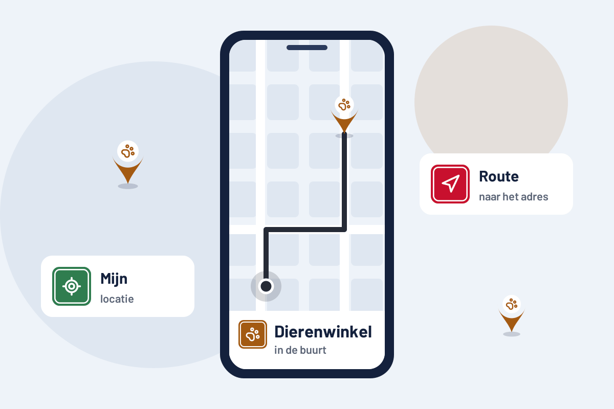 Dierenwinkel in de buurt: route naar de dichtstbijzijnde dierenwinkel op uw telefoon