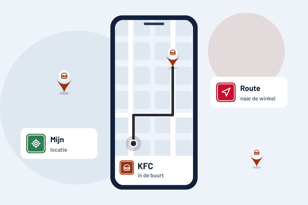 KFC in de buurt: route naar de dichtstbijzijnde KFC op uw telefoon