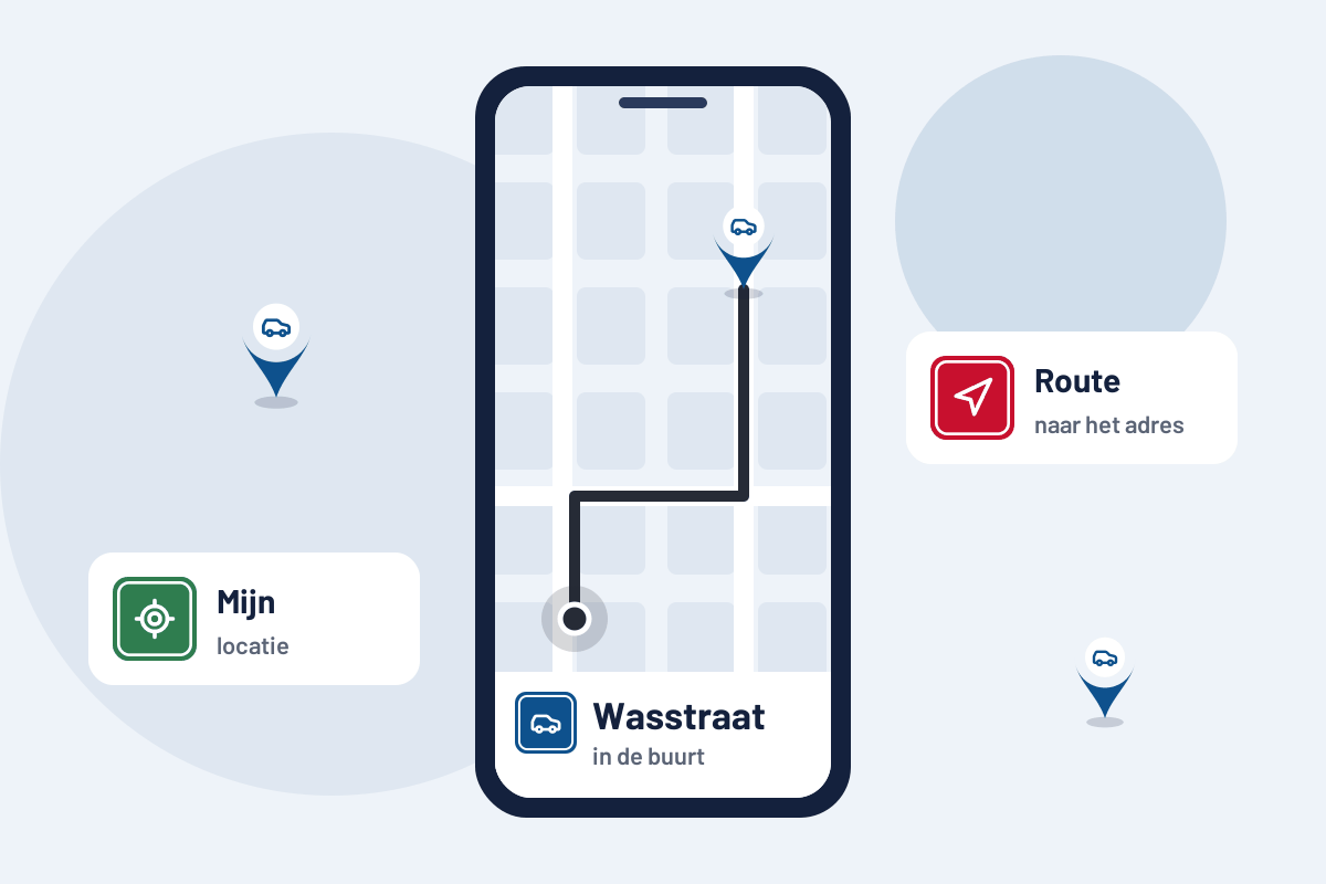 Wasstraat in de buurt: route naar de dichtstbijzijnde wasstraat op uw telefoon